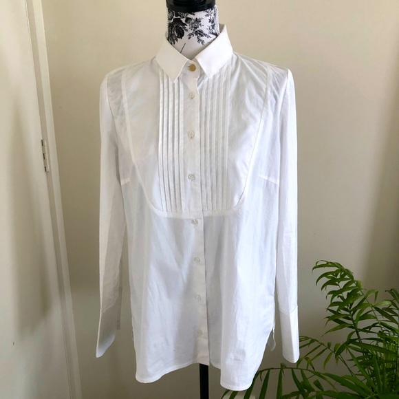 (Unknown) Size 12 White Tuxedo Knife Pleat Cotton Full Cuff Gold Button Shirt - Picture 2 of 15